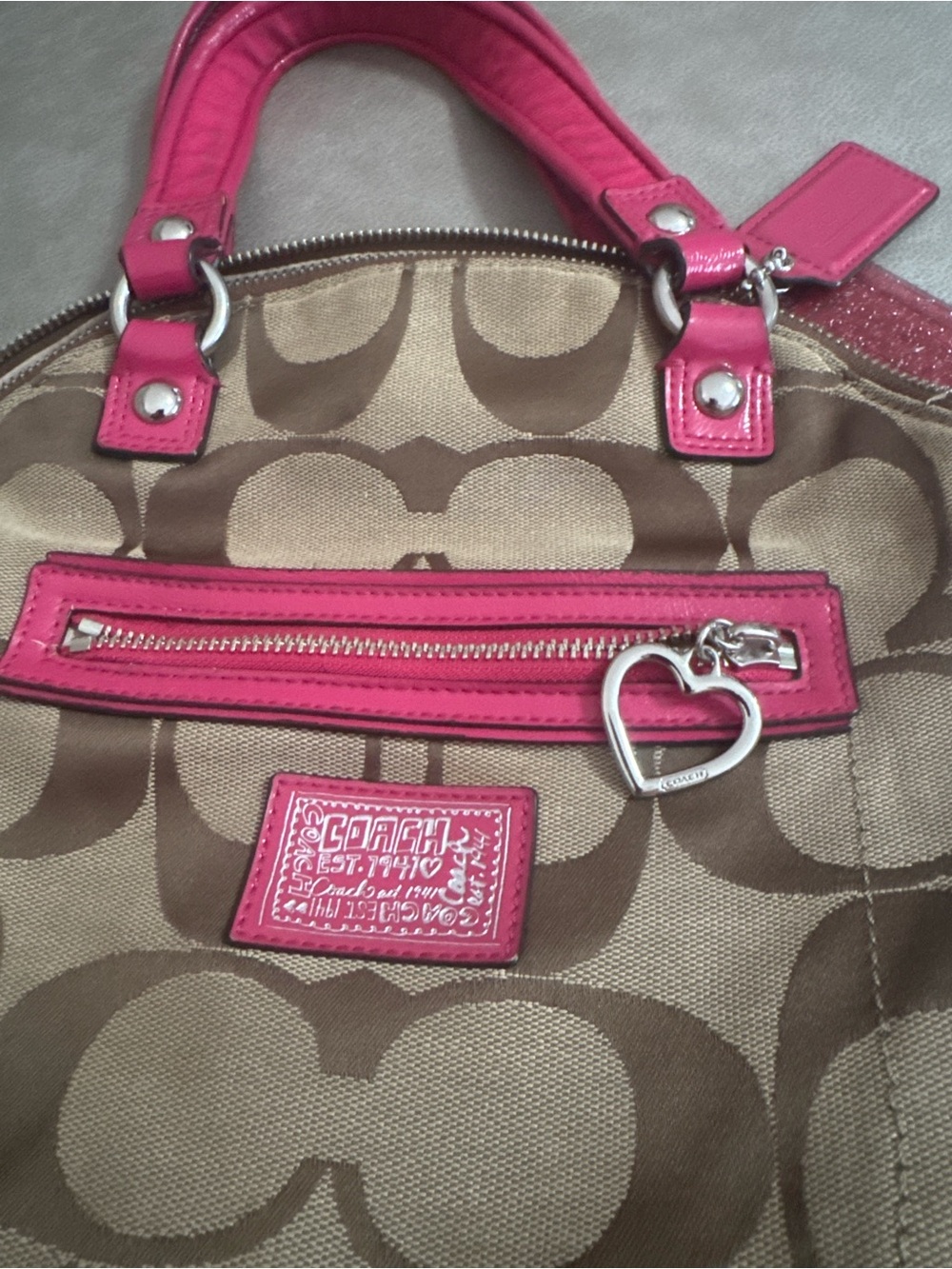 Coach Signature Khaki Pink Patent Satchel Crossbody Bag - Picture 5 of 7